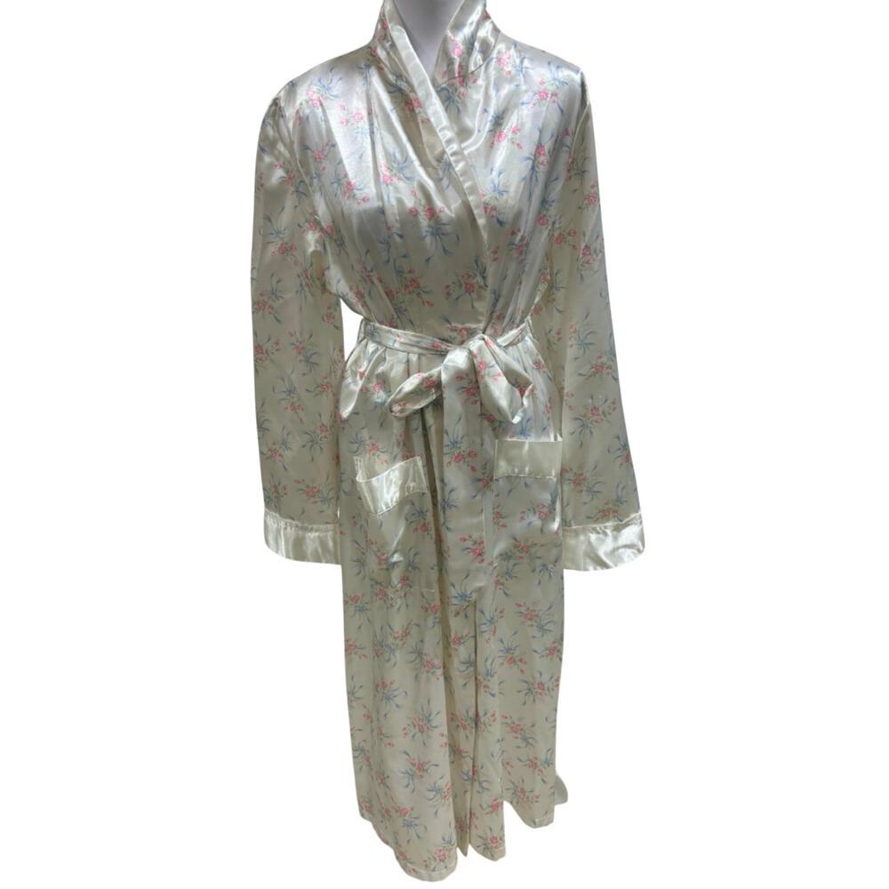 Vintage Kathryn Satin Floral‎ Robe 
 Medium Ivory Pink Blue Silky Lounge Kimono